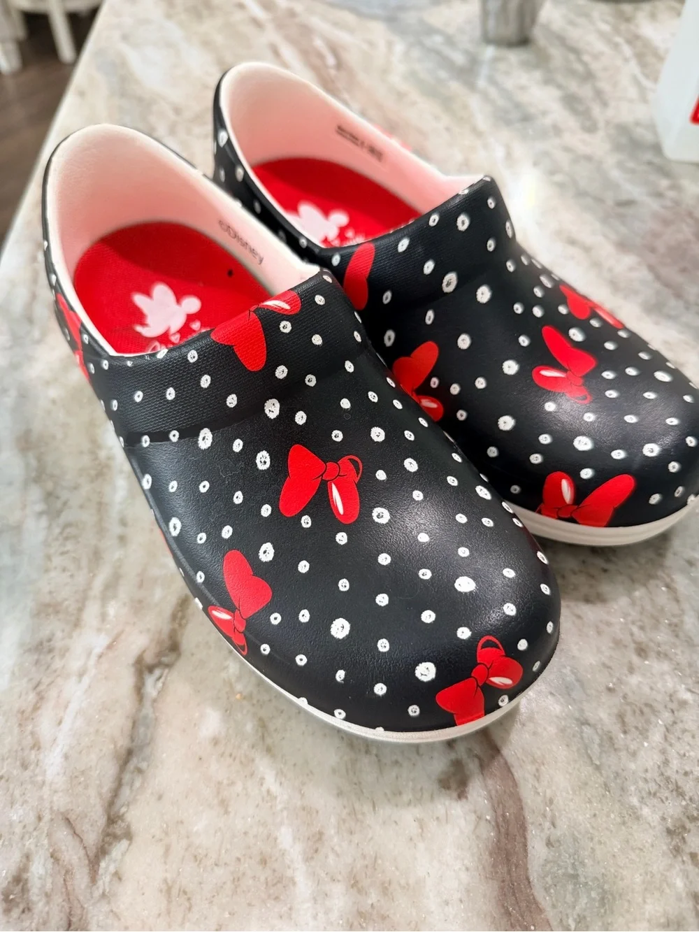 Disney Black Slip-On Kids Clogs with Red Bow and White Polka Dots